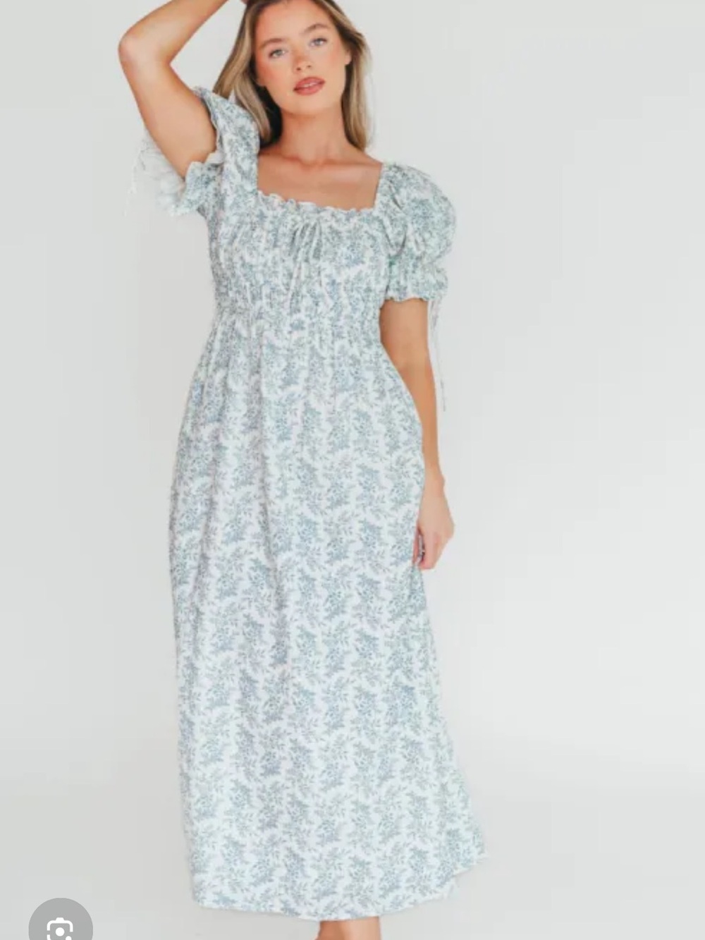 Worth Collective Savanna Steppe Blue & Cream White Floral Puff Sleeve Maxi Dress
